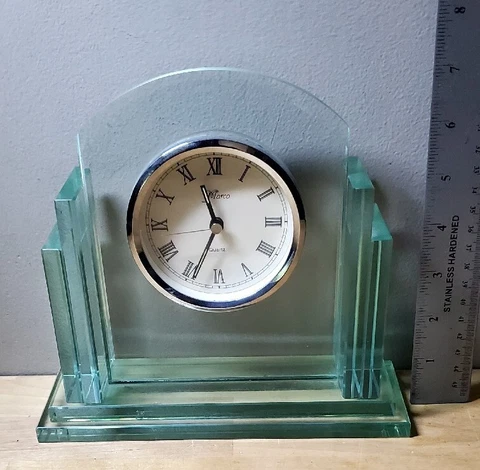Vintage MARCO Quartz Green Tint Glass Desk/Mantel Clock 8"×6½" Cover