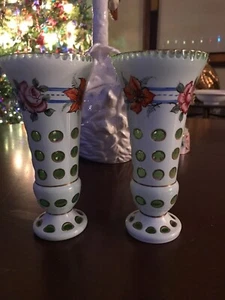 Pair Of Czech Vases Casec White Glass Cut To Green Cut To Clear 8 1/2” Floral - Picture 1 of 7