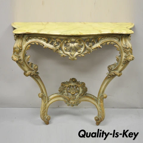 Antique Italian Rococo Carved Giltwood Wall Mount Console Hall Table Cover
