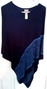 CHICO'S Black w Blue Animal Trim 100% Rayon Knit  Poncho-type Pullover Top S/M - Picture 1 of 4