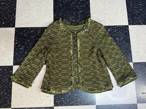 ST.JOHN Women's Knit Fringed Olive Green Tweed Jacket Sz 12 - Picture 1 of 11