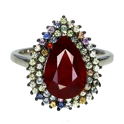 925 Sterling Silver Ring Pear Ruby 12x8mm Sapphire Gemstone Jewelry Size 7 - Image 1 of 4