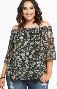 Torrid Floral Chiffon Off Shoulder Top Womens 2 Black 2X Smocked Bell Sleeve - Picture 1 of 13