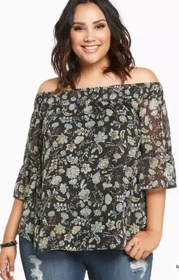 Torrid Floral Chiffon Off Shoulder Top Womens 2 Black 2X Smocked Bell Sleeve - Image 1 of 4