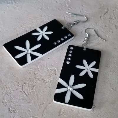 Retro White Black Lucite Austrian Crystal Rectangular Flower Dangle Earrings - Image 1 of 4