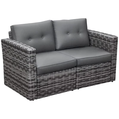 2-Piece Outdoor PE Rattan Wicker Patio Corner Sofa Loveseat w/Cushions, Grey - Image 1 of 4