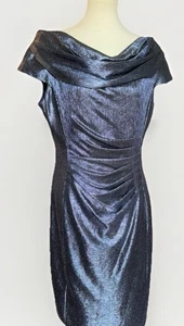 Tahari Draped Cowl Neck Metallic Blue/black Cocktail Dress Woman's Size 14 - Picture 1 of 10