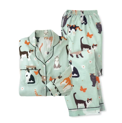 Juego de pijama para mujer Signals Cat Print verde pastel 100 % algodón 1X ¡NUEVO Y SELLADO! Foto 1 de 3