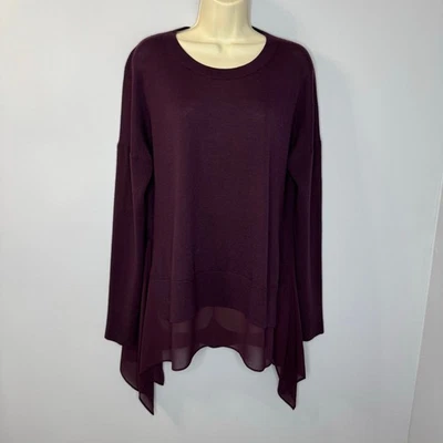 All Saints Libby Crew Neck Chiffon Trim Port Merino Wool Sweater Burgundy Sz L   - Image 1 of 4