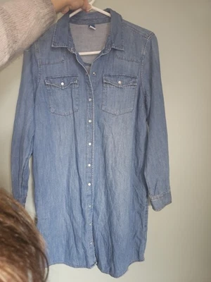 Antiguo Vestido Azul Marino Para Mujer Mediano Azul Denim Cambray Camisa Vestido Botón a Presión Occidental Foto 1 de 3