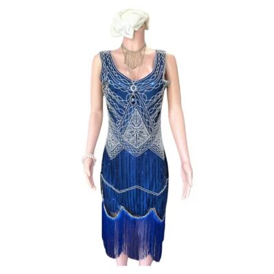 Blue Sequin & Fringe 20s Flapper 5-Piece Costume Size Large - Image 1 of 4