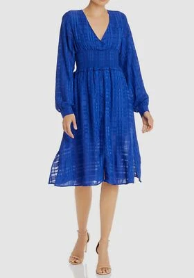 $224 Aqua Womens Blue Plaid Long-Sleeve Smocked V-Neck Party Shift Dress Size M - Image 1 of 3