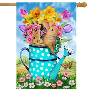 Bunny And Watering Can Spring House Flag Floral Easter 28" x 40" Briarwood Lane - Picture 1 of 4