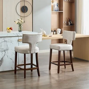 2 Set Barstools 26.4" Counter Height Bar Stools Linen Fabric Bar Chairs Beige US - Picture 1 of 18