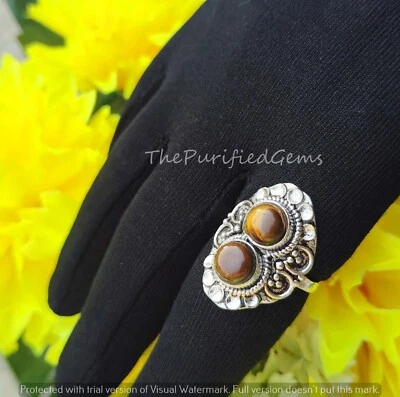 Круглое кольцо с камнем тигровый глаз 8 мм/кольцо ручной работы/подарок для женщин 925 пробы - Изображение 1 из 4