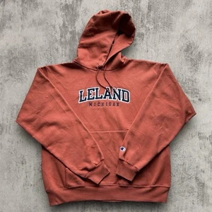 Champion College Hoodie Mens Vintage Y2K Leland Michigan Pullover Orange Medium - Picture 1 of 4