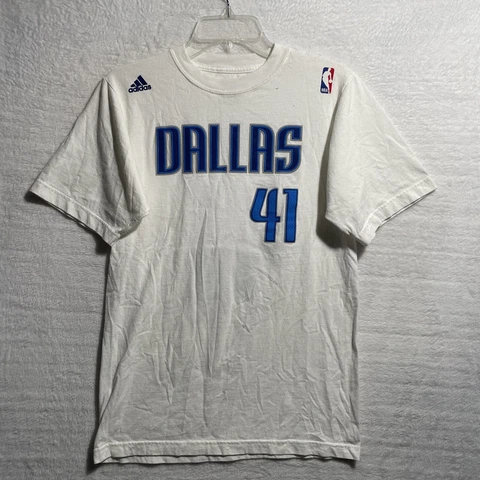NBA Reebok Dallas Nowitzki #41 Shirt Mens Small White Short Sleeve Crew Neck Cover