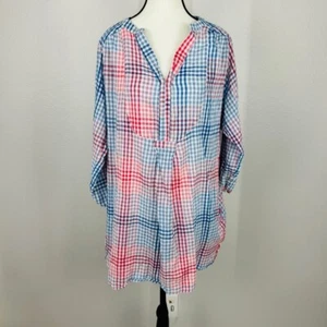 Embellish Tunic Top Womens XL Red Blue Plaid V-Neck Roll Tab Sleeve Casual NEW - Picture 1 of 11