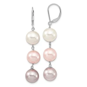 925 Sterling Silver 10mm White Pink Purple Shell Pearl Dangle Earrings - Picture 1 of 4