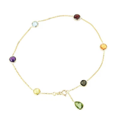 Tobillera de piedras preciosas de oro amarillo de 14K con una gota de amatista verde 11 pulgadas Foto 1 de 2