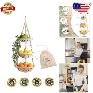 3-Tier Macrame Hanging Fruit Basket for Boho Kitchen Decor - Handmade & Stylish - Picture 1 of 8