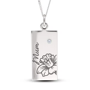 Exquisite Personalised Real Silver Ingot ”Mum” White CZ Pendant, Mum Daffodil - Picture 1 of 10