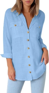 Womens Casual Loose Roll-Up Sleeve Blouse Pockets Button down Shirts Tops - Picture 1 of 7