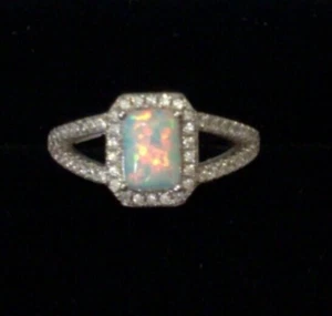 Sterling Silver Baguette Fire Opal sparkling CZ cocktail Ring October Birthstone - Picture 1 of 12