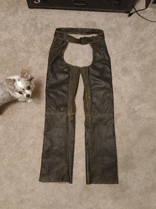 Harley Davidson Brown Distressed Leather Motorcycle Chaps BILLINGS Size Small - Bild 1 von 10
