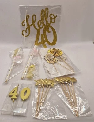 Deko Set 40 Geburtstag Gold Hello 40 Torten Topper Ballons Kerzen Party Deko - Bild 1 von 4
