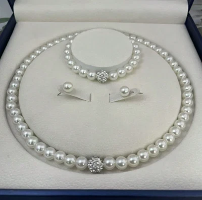Conjunto de collar de perlas redondas blancas de agua dulce para mujer joyas de perlas Foto 1 de 4
