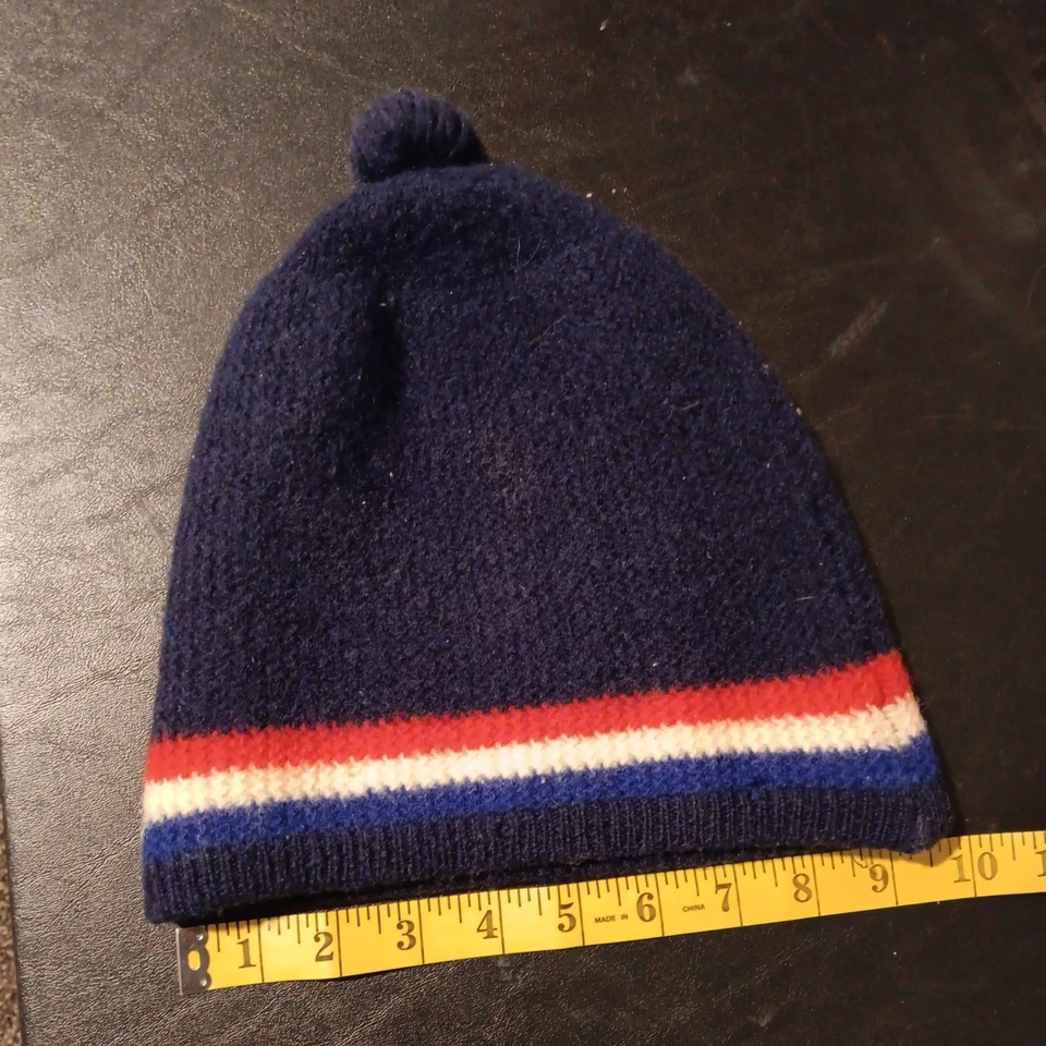 Gorro vintage anos 70 Devise et Gay Grenoble 100% lã azul marinho com listras brancas vermelhas - Imagem 1 de 4