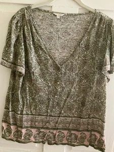 Lucky Brand Button Front Top/Cardigan, Short Sleeves, Cotton, Medium, Print - Picture 1 of 9