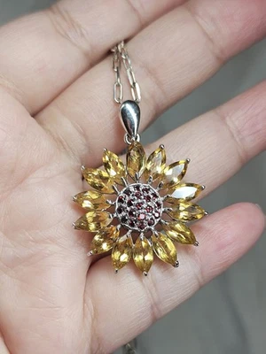 Colar de girassol pedais citrino sementes de granada esterlina 925 corrente clipe de papel 20 polegadas - Imagem 1 de 4