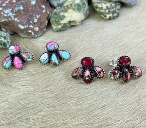 Handmade Sterling Silver Red Rose Dahlia, Cotton Candy Turquoise Earrings with - Picture 1 of 8