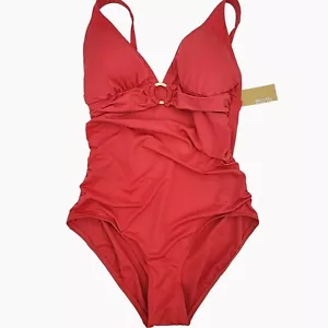 Michael Kors Women's size 14 One-Piece Swimsuit V Neck Gold Ring Front NEW - Picture 1 of 9