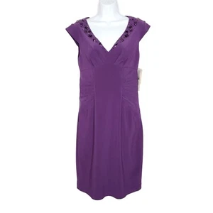 NEW Adrianna Papell Knee Length Ruched Sheath Dress 6 Beaded Bejeweled Purple - Picture 1 of 7