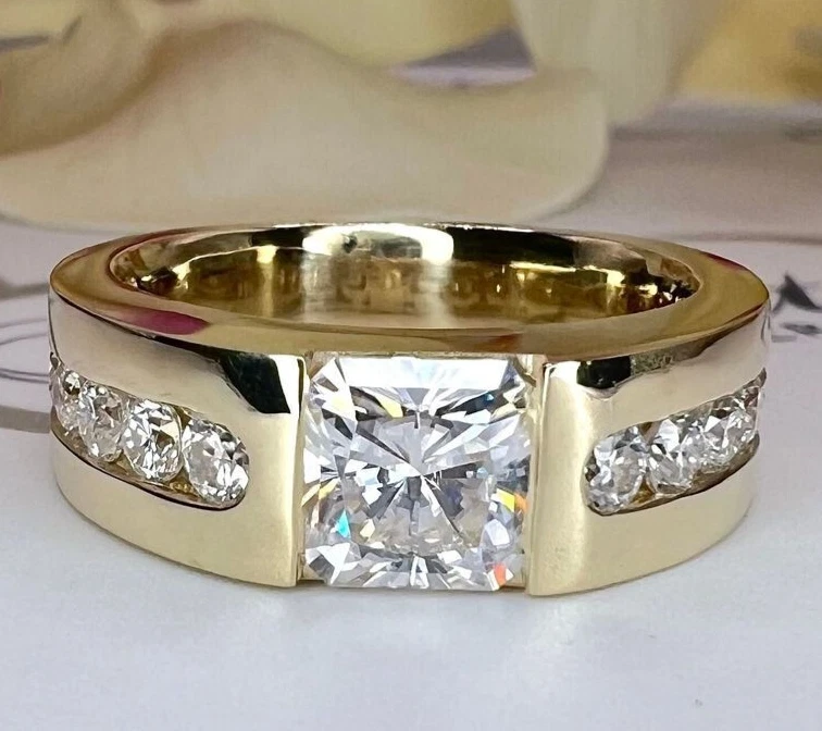 4CT Princess Cut VVS1/D Moissanaite Engagement BAND Ring 14K Yellow Gold Plated - Image 1 of 4