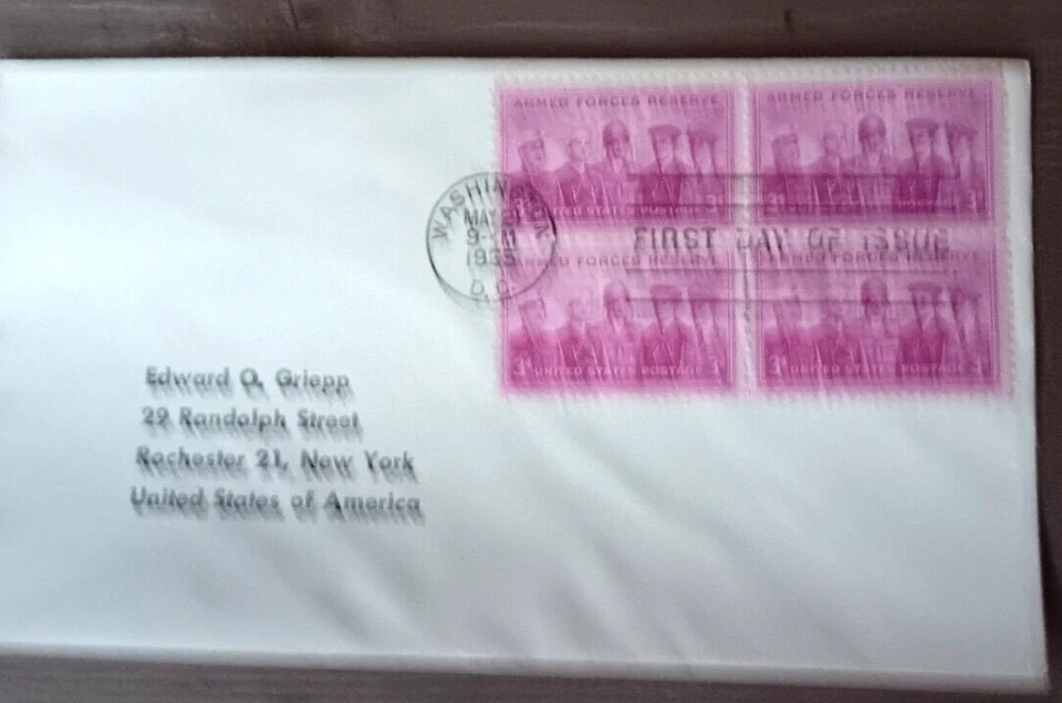 ARMED FORCES RESERVE ARMY NAVY AIR FORCE MARINES 1955 STAMP BLOCK NO CACHET FDC - Image 1 of 1