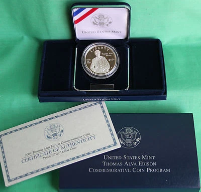 2004 Thomas Alva Edison Proof 90% Silver Dollar US Mint $1 Coin Box and COA - Image 1 of 3