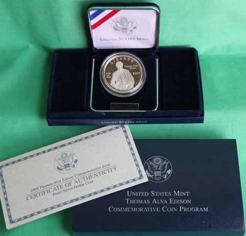 2004 Thomas Alva Edison Proof 90% Silver Dollar US Mint $1 Coin Box and COA Cover