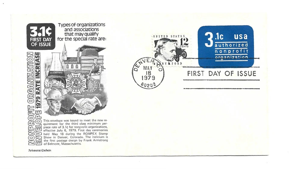 U589 3.1c Nonprofit embossed envelope Aristocrat Cachets FDC - Image 1 of 1