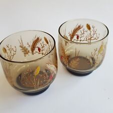 1970s retro brown drinking glasses tumblers wheat autumn grain harvest pair VTG