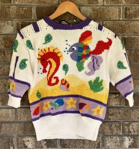 80s Berek Hand Knit Under Sea Horse Sweater Size S Marta Heavyweight Nwt Vintage - Picture 1 of 10