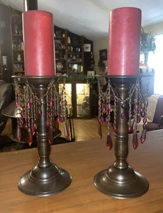 2 Brown Bronze Ornate Chain Bead Crystal Red Candlestick Holders Boho Victorian - Picture 1 of 11