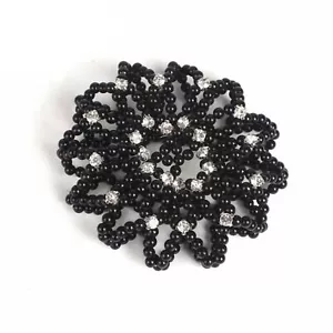 Elastic Hair Net Crochet Faux Pearl Rhinestone Snood Ballet Bun Hair Cover Black - Picture 1 of 4