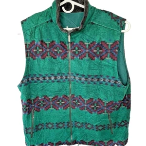 Eddie Bauer Sweater Vest Mens L Green Red Southwestern Zip Lined Vintage USA - Picture 1 of 8