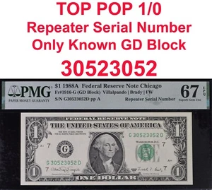 1988A $1 Federal Reserve Note PMG 67EPQ top pop 1/0 fancy repeater serial number - Picture 1 of 4