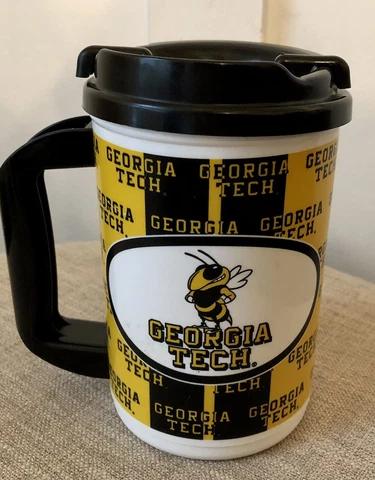 WHIRLEY GEORGIA TECH YELLOW THERMO PLASTIC COFFEE MUG CUP WITH LID Cover