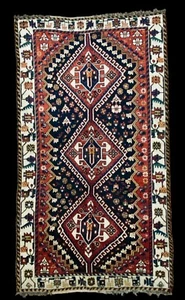 Alfombra de lana oriental marfil azul marino óxido 4’x7’ anudada a mano caucásica de 1940 - Imagen 1 de 9